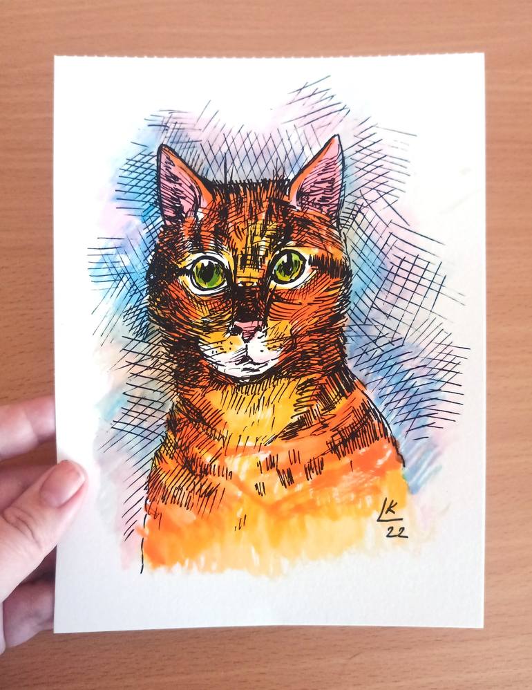 Original Illustration Cats Painting by Lada Kholosho