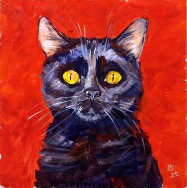 Black cat portrait on a red background thumb