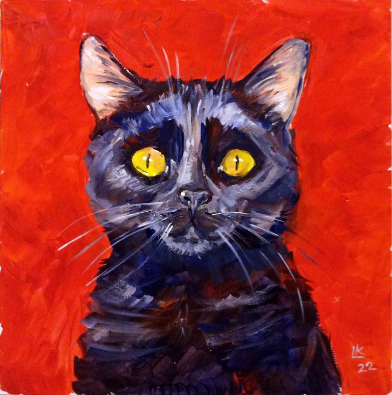 Black cat portrait on a red background Painting by Lada Kholosho ...