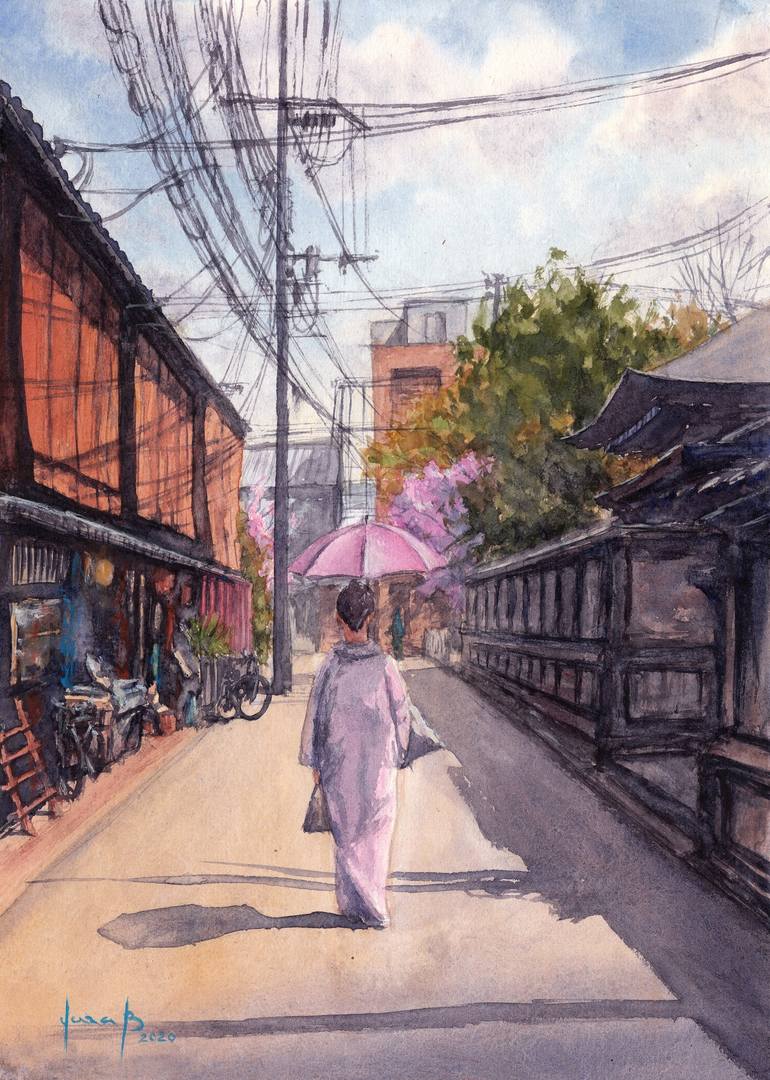 Miyajima Omotesando Street painting, sold Japan painting, Original watercolor, Travel painting, Small painting