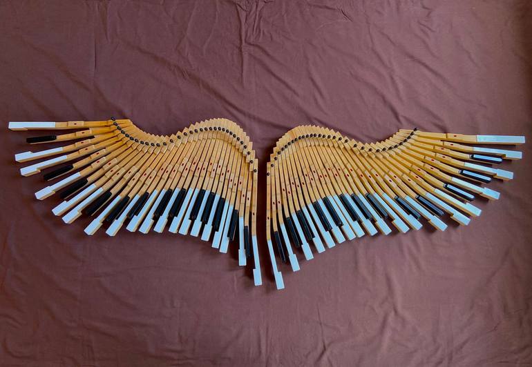 Original Music Sculpture by Oleg Degtyarenko | Abstract Art on Wood | Angel Wings made from old piano keys on a hidden wooden base