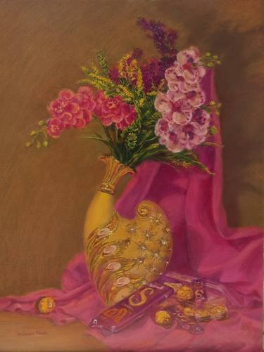 Regal Magnificence: Magenta Blooms and Gilded Delights thumb