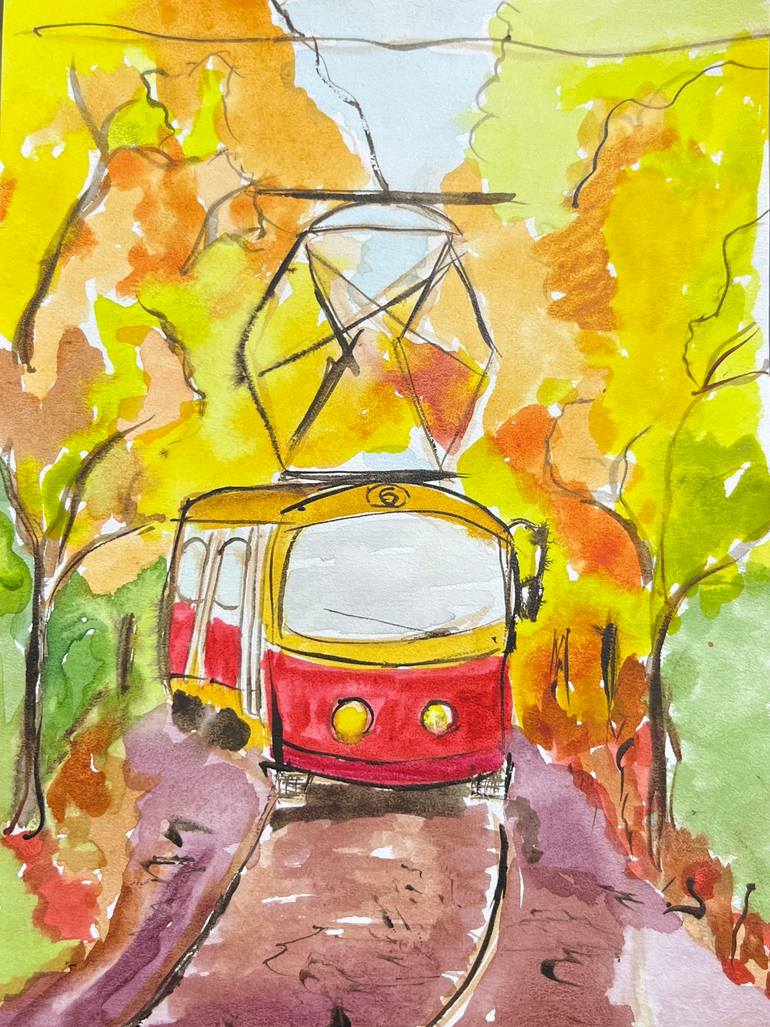 Tram in autumn Painting by Elena Fursenko | Saatchi Art