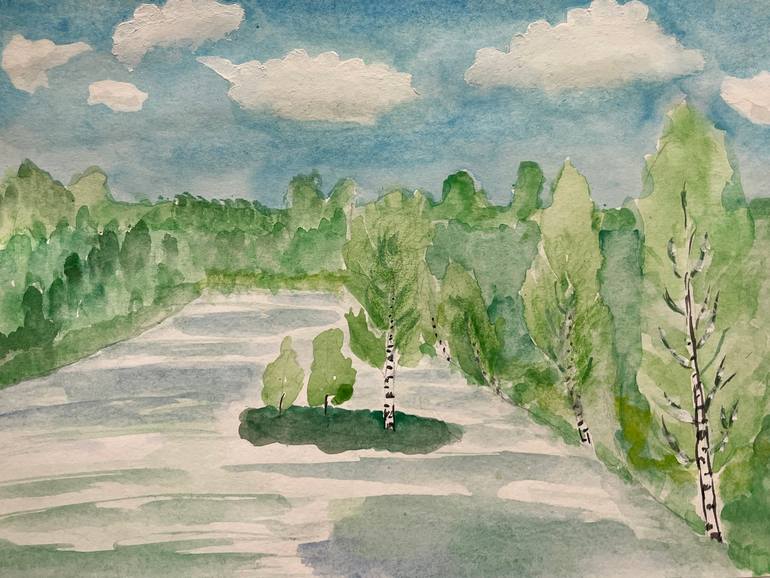 Original Landscape Painting by Elena Makhonina | Impressionism Art on Paper | The lake