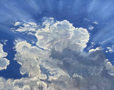 The blue sky with cumulus clouds and sun rays. Oil painting thumb