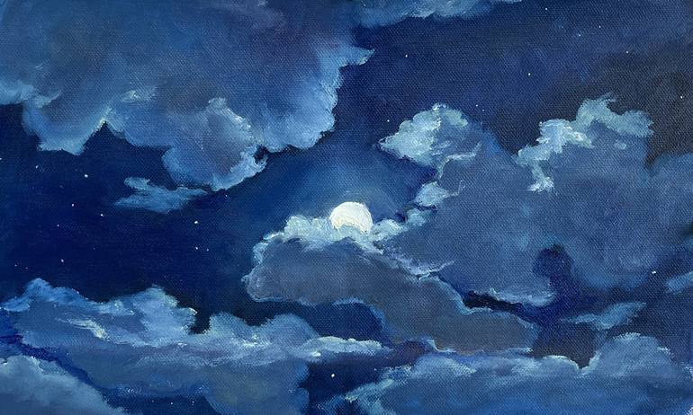 Framed Moon over Ocean Canvas Wall Art Night Sky Full Moon White Cloud  Painting