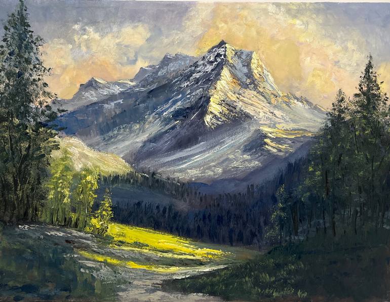 Original Mountain Painting by Elena Makhonina | Realism Art on Canvas | Illuminated snow peaks at the sunset. Oil painting