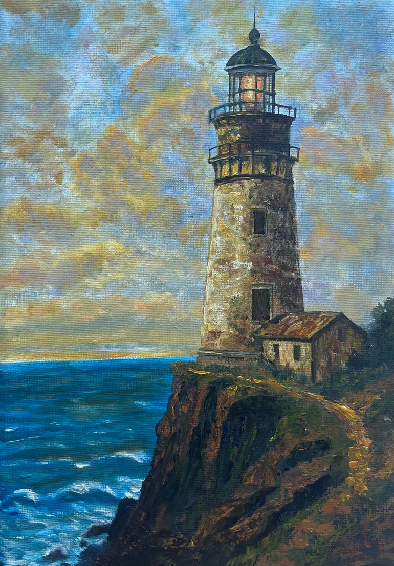 Original Seascape Painting by Elena Makhonina | Realism Art on Canvas | The old lighthouse at sunset. Oil painting