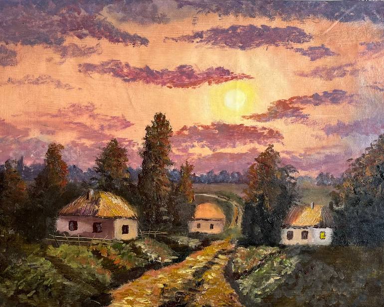 Original Landscape Painting by Elena Makhonina | Realism Art on Canvas | Evening on the farm. Oil