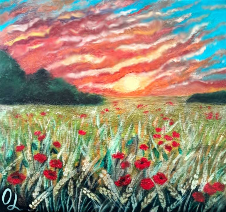Original Landscape Painting by Olena Lisova | Illustration Art on Canvas | Sunset over the wheat poppy field.