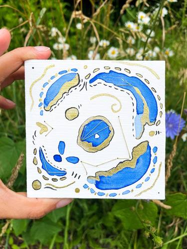 Morning Mind Map 2, Abstract Blue and Gold Watercolor Painting thumb