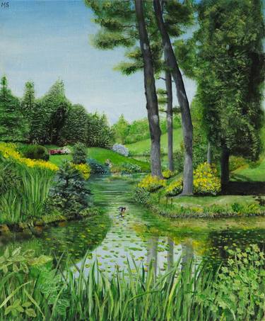 PURPLE Waterlily Pond Artist Gouache On Canvas Board 5x7 inches