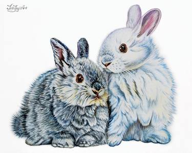 Copy of CUTE 2 RABBITS EASTER BUNNY PAINTING XMAS NY 2023 Christmas GIFT thumb