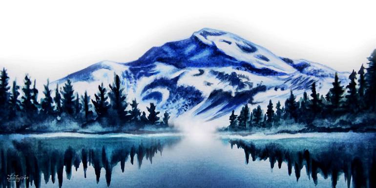 Snowy Mountains Landscape In Blue And Purple Watercolor Canvas Print