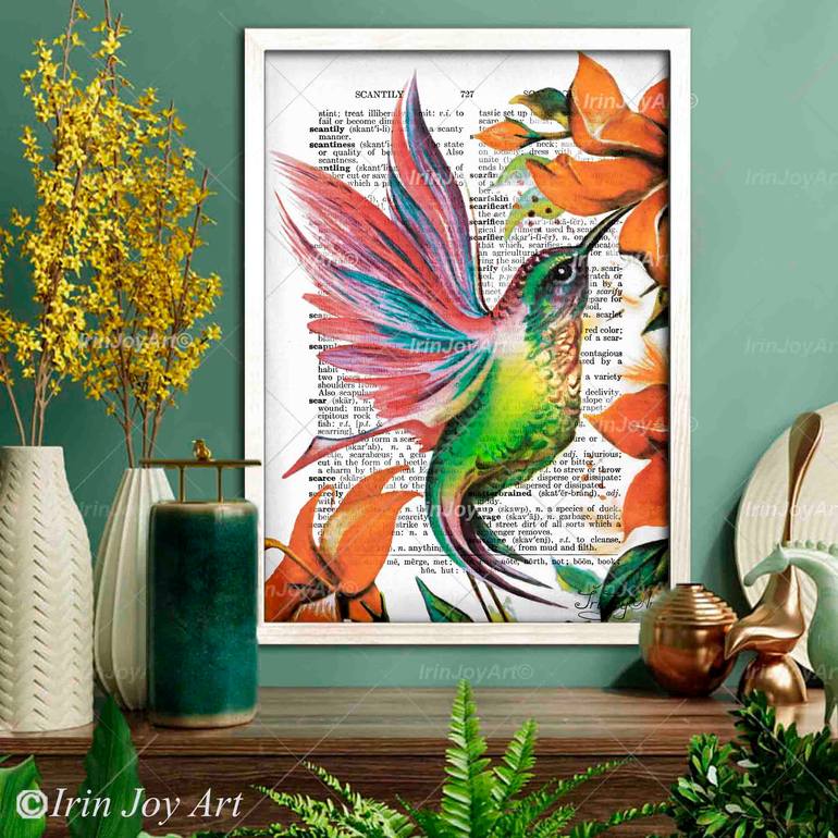 Floral prints Hummingbird decor Vintage Dictionary page art