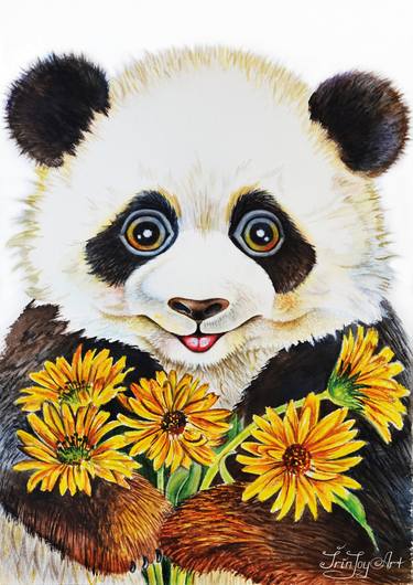 Panda bear watercolor painting Wall art gift Nursery print Decor thumb