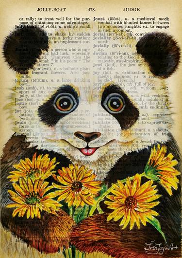 GIANT CUTE PANDA BEAR FLOWERS WATERCOLOR VINTAGE BOOK PAGE DECOR thumb