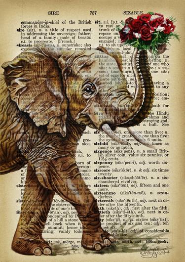 Elephant flowers gift dictionary book page wall art animal print thumb
