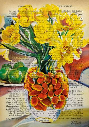 YELLOW FLOWERS LOTUS PEONY BOTANICAL BOOK PAGE VINTAGE ART thumb
