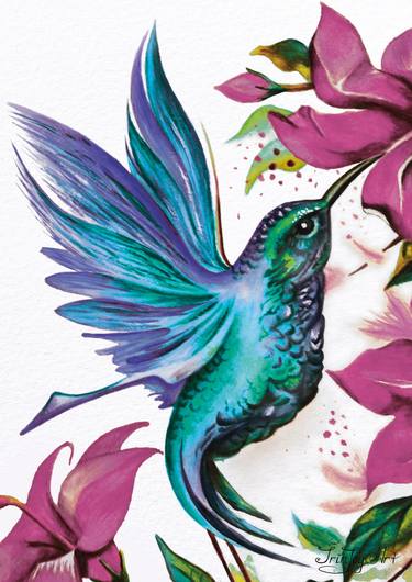 FLYING HUMMING BIRD FLOWER FLORAL GARDEN WALL ART GIFT PRINT thumb