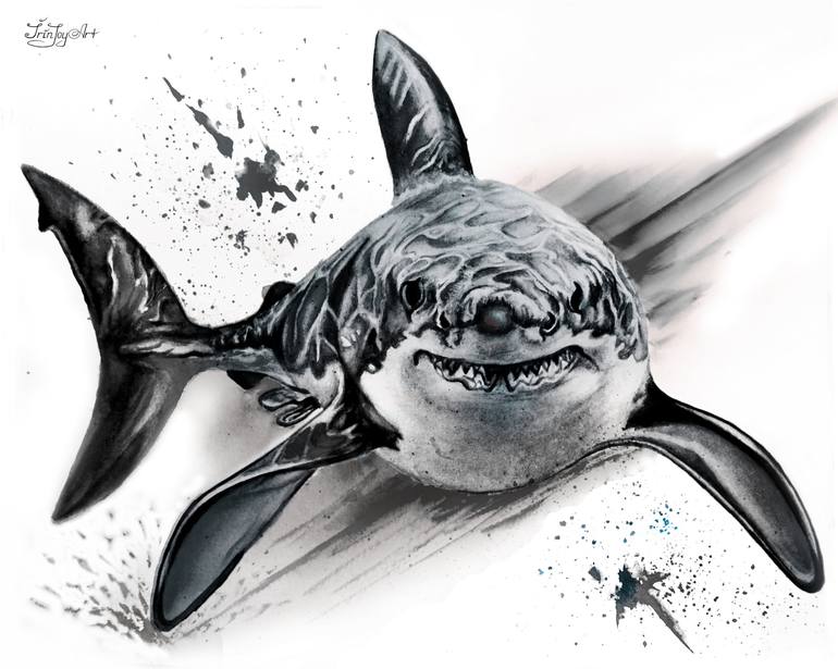 Black white shark Ocean animals Sea life nautical decor art Printmaking by  IrinJoyArt Art | Saatchi Art
