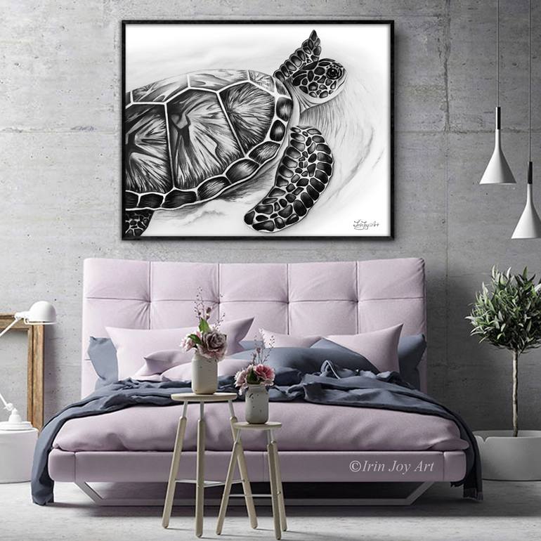 Black white abstract sea turtle art Canvas ocean animal Printmaking by  IrinJoyArt Art