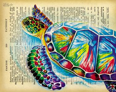 book dictionary page art Blue sea turtle Ocean Marine life mammal thumb