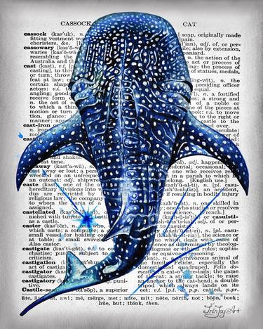 Retro Book page Dictionary art Humpback whale shark sea fish thumb