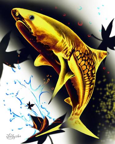 Golden tiger shark Watercolour ocean sea animal wall art decor thumb