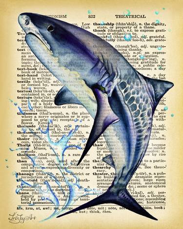 Vintage wall art Sea whale shark animal Dirtionary old book page thumb