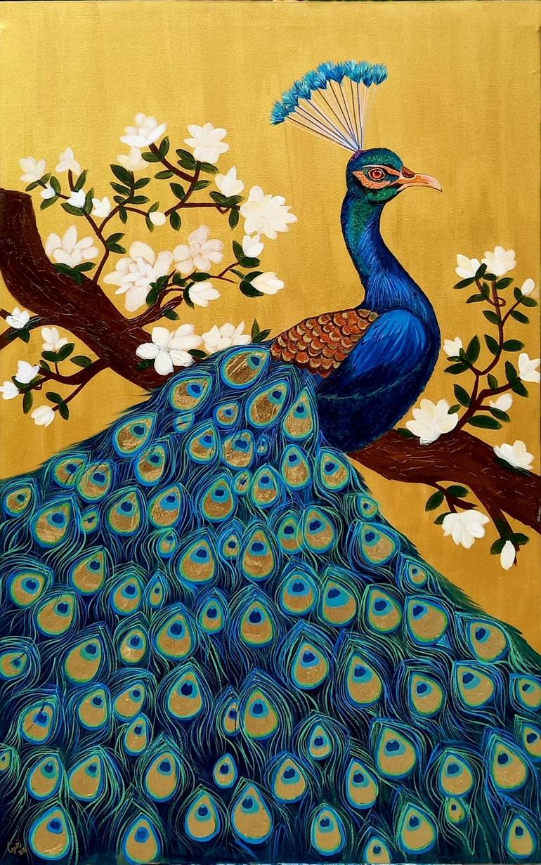 Peacock with gold leaf Painting by Zukhruf Umair | Saatchi Art
