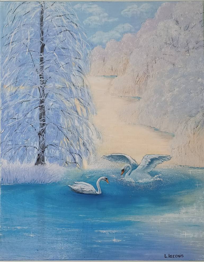 Original Landscape Painting by Liliia Iaconis | Contemporary Art on Canvas | early winter on the lake