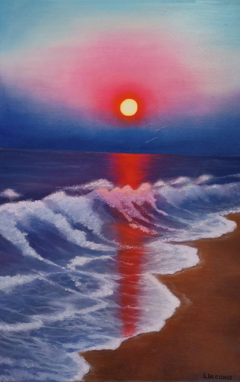 Original Beach Painting by Liliia Iaconis | Other Art on Canvas | sunset on the sea