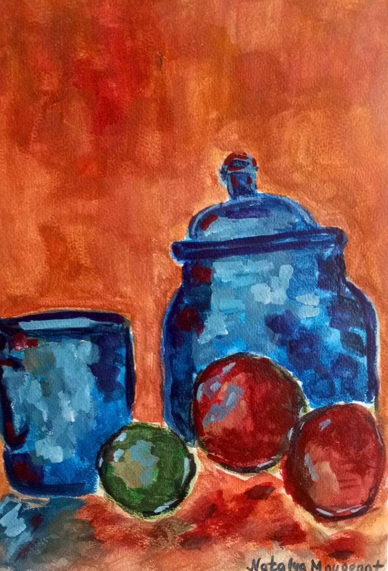 Original Food & Drink Painting by Natalya Mougenot | Expressionism Art on Paper | "One green apple and two red apples" ( contemporary still life)