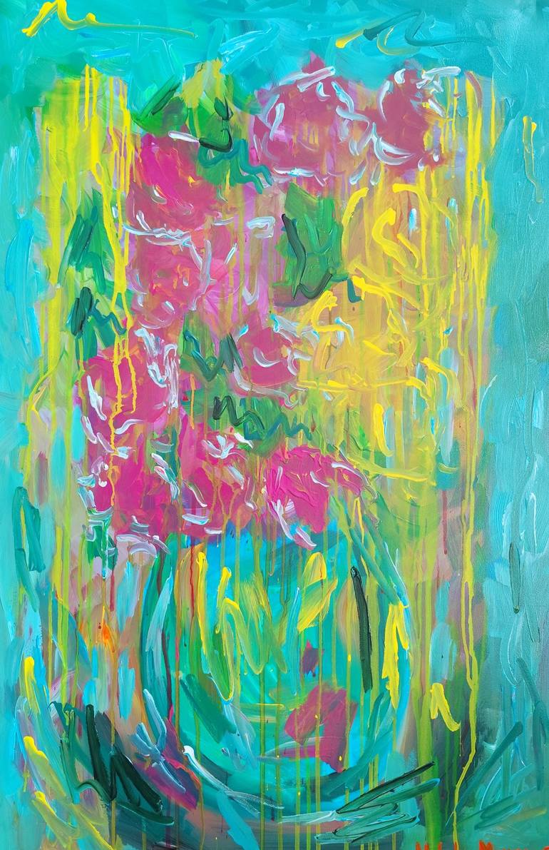 Original Abstract Painting by Natalya Mougenot | Abstract Expressionism Art on Canvas | Abstract bouquet on canvas "Whirlwind of summer flowers"