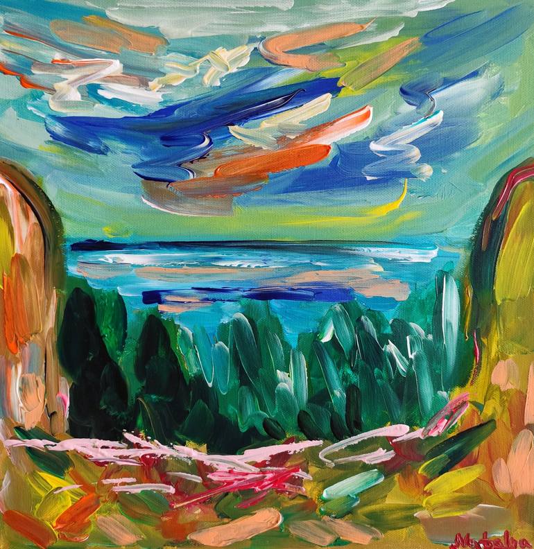 Original Nature Painting by Natalya Mougenot | Abstract Expressionism Art on Canvas | Contemporary abstract nature "Colors of the summer horizon"