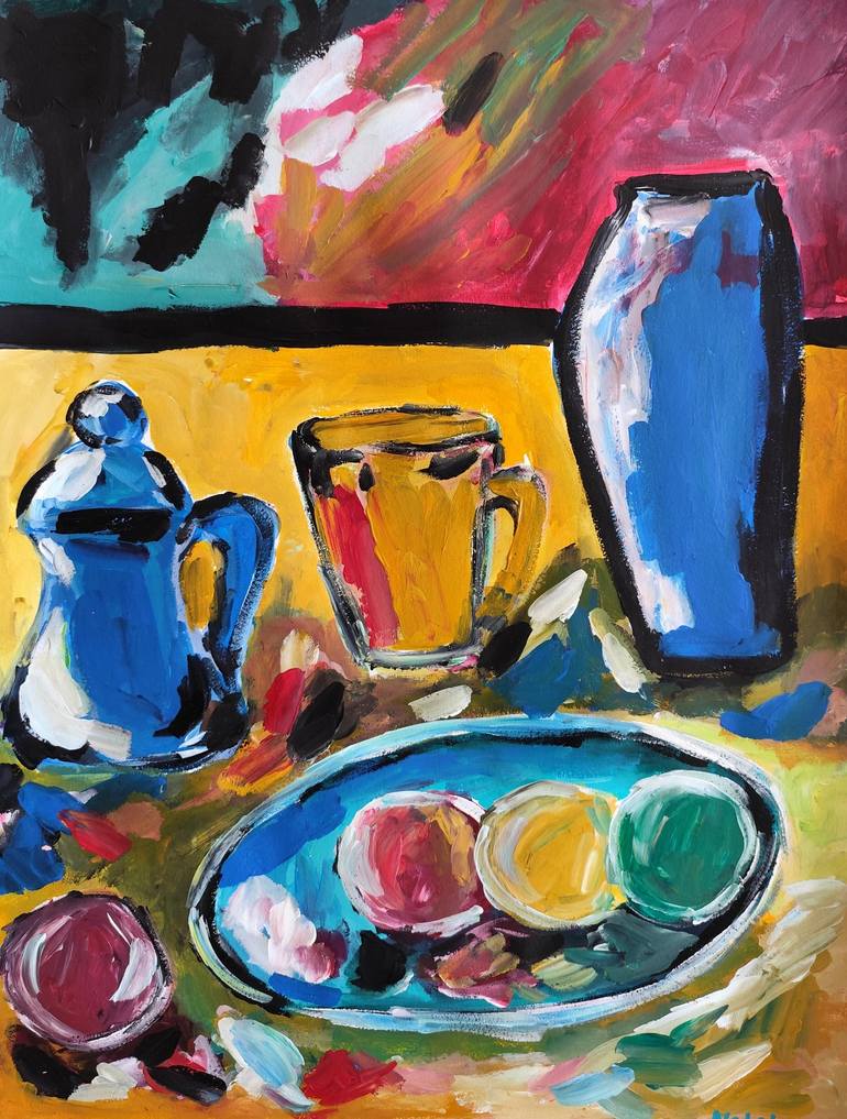 Contemporary impressionist still life painting "Apples and Tea" Original Painting by natalya mougenot