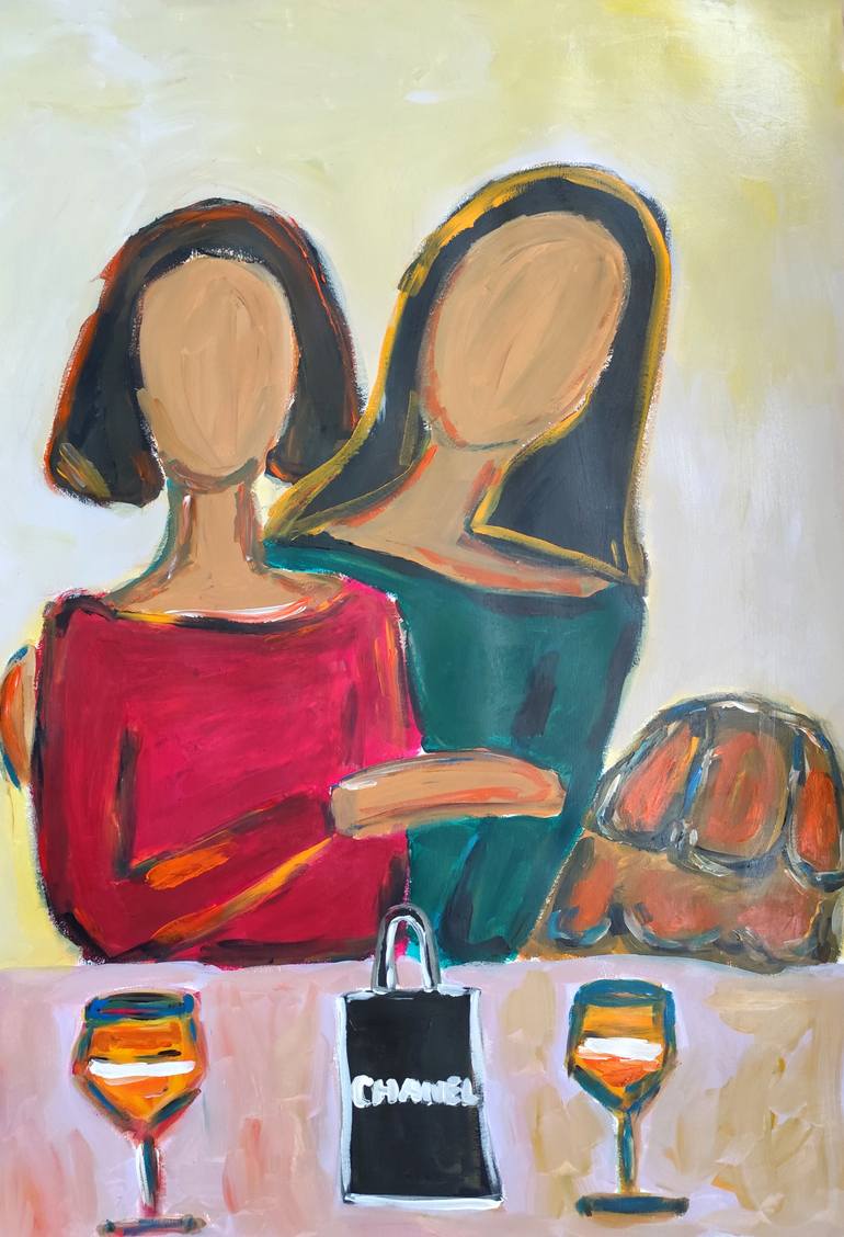 Original Women Painting by Natalya Mougenot | Abstract Expressionism Art on Paper | Figurative painting of two woman and a dog "Secrets Together"
