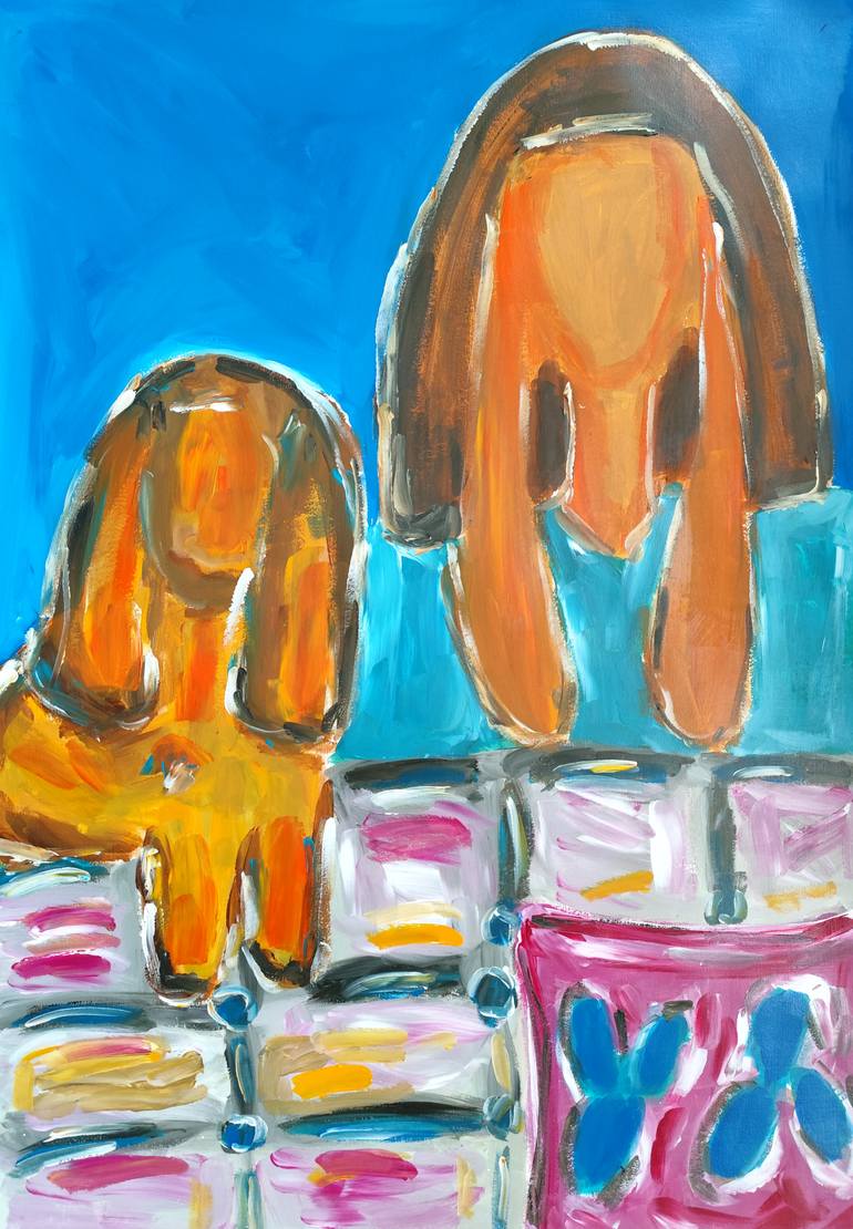 Original Women Painting by Natalya Mougenot | Abstract Expressionism Art on Paper | Figurative painting of a woman and a dog "Side by side"