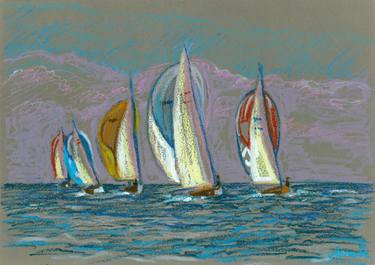 Impressionism Blue Sea Painting Regata "Yachting 4. Together" thumb