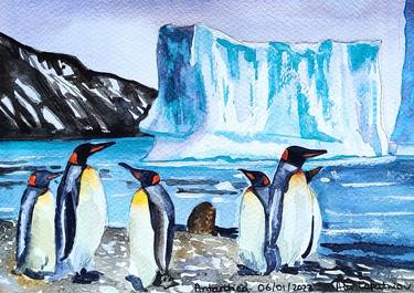 Penguins and Glacial Serenity: Watercolor of Antarctica thumb
