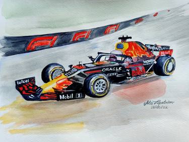 Red Bull Racing Car in watercolours, winning car Formula 1 thumb