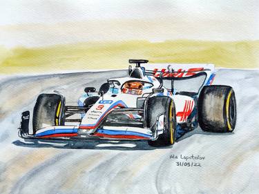 Haas Racing Car in watercolours, Formula 1 thumb