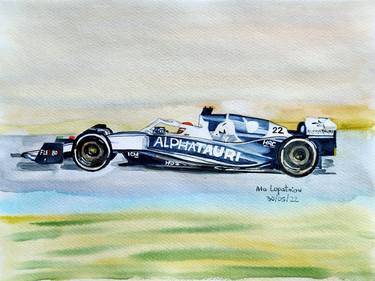 Alpha Tauri Racing Car in watercolours, Formula 1 thumb