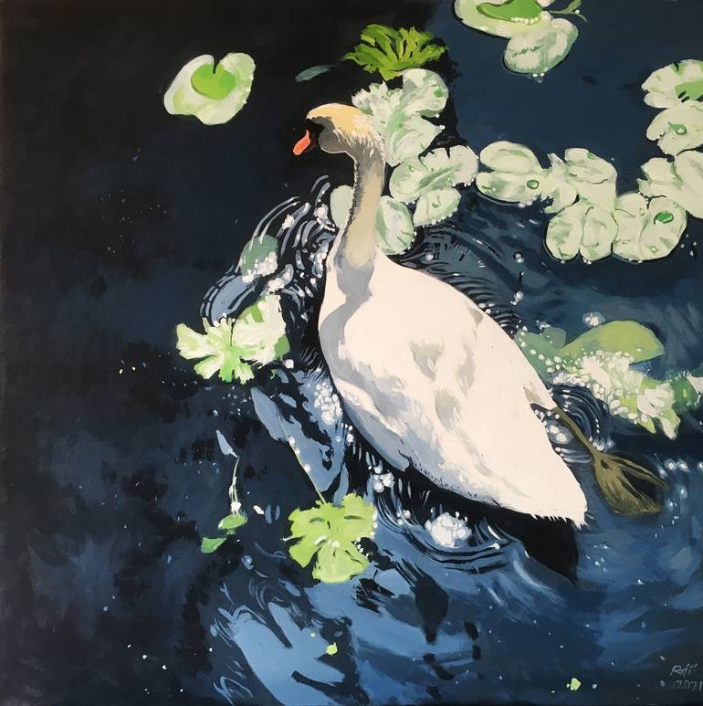 Original Animal Painting by Rafee Mahmud | Realism Art on Canvas | White swan in the lake