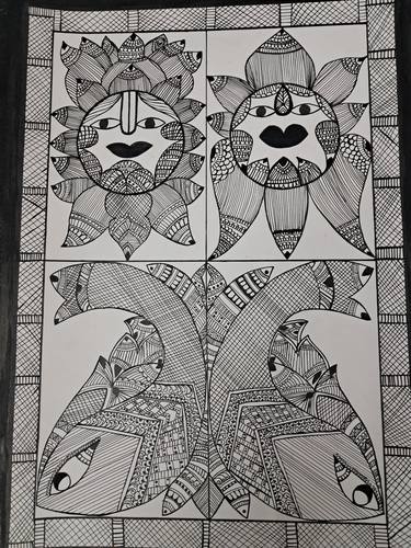 Sun, moon, fish Madhubani painting thumb