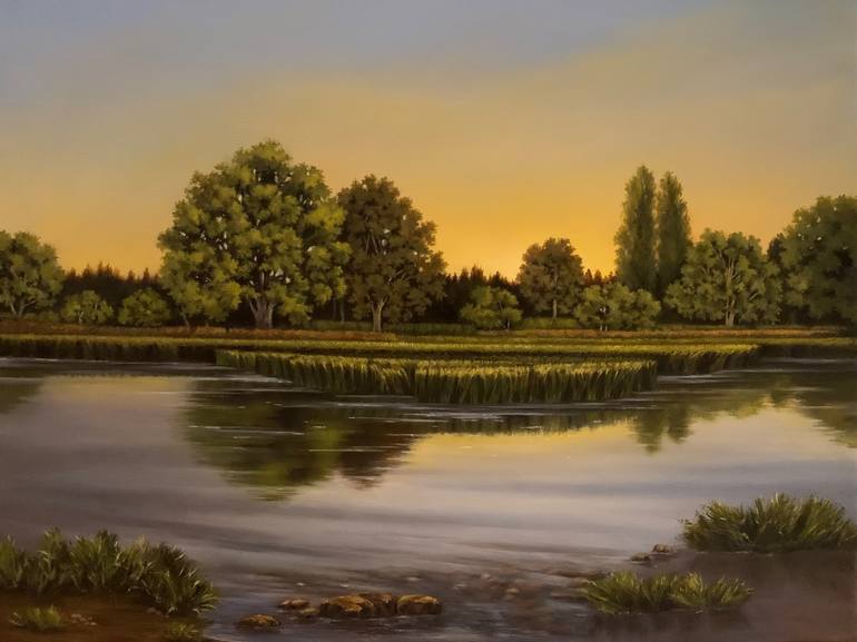 Original Landscape Painting by Moly Amal Rashed | Realism Art on Canvas | Dusk at the lake