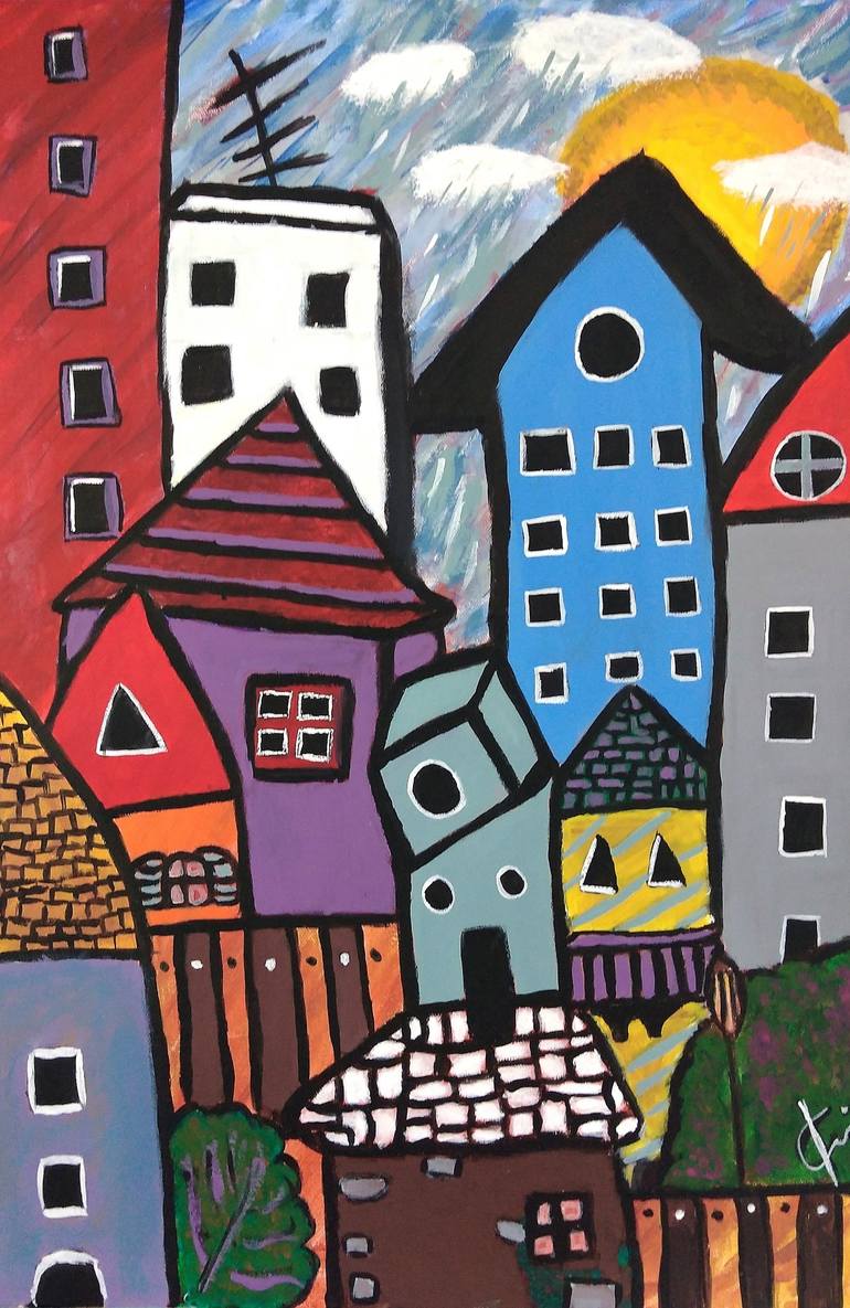 Dancing Houses Painting By Vicky Fousca | Saatchi Art