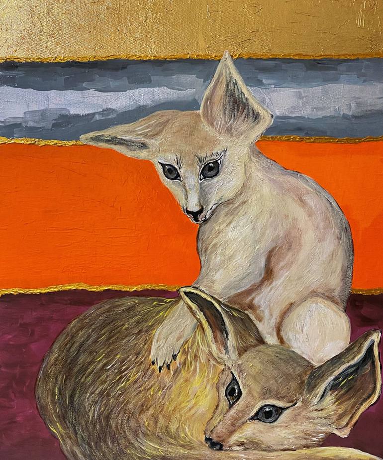 Original Abstract Painting by Valeria Nikitina | Abstract Art on Canvas | Two little foxes in the Sahara desert.