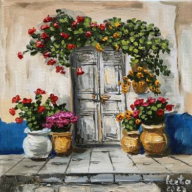 White door with flowers. thumb